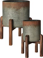H&L Kovový květináč Antique, dřevěný stojan, set 2 ks, šedá, rezavá - Decorative Planter