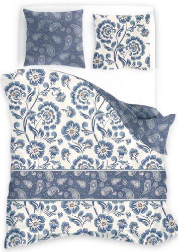 4sleep Linen satin 140 × 200 + 70 × 90 Folk blue on cream 008 - Bed Linen - Main image