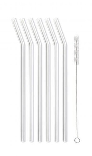 Vialli Design Glass straw transparent, curved 230 mm, 6 pcs + brush, 6629 - Straw - Main image