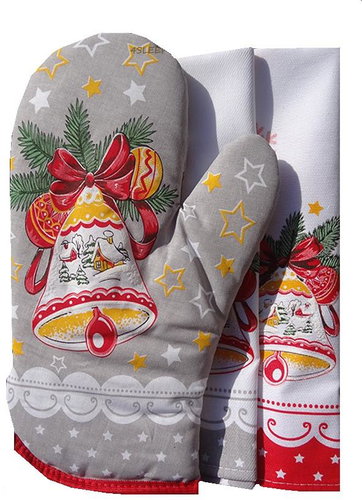 4sleep Christmas bell 2 piece set kuch. tea towels + potholder, grey - Oven Mitt - Main image
