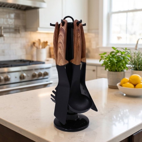 Royalty Kitchen utensils 7 pieces, black and imitation wood - Kitchen Utensil Set - Main image