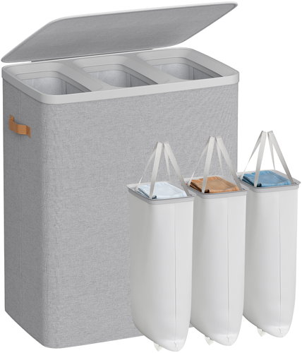 SONGMICS Sorting basket, 3 compartments with lid, grey 64 × 40 × 75 cm - Laundry Basket - Main image