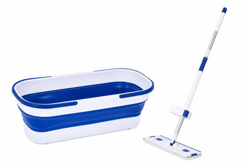Verk 27541 Flat microfibre mop with squeegee and folding bucket, white and blue - Mop - Main image