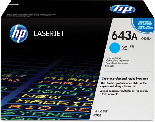 HP Q5951A HP TONER CARTRIDGE 643A CYAN HP 643A Main image HP Q5951A HP TONER CARTRIDGE 643A CYAN HP 643A - Printer Toner - Main image