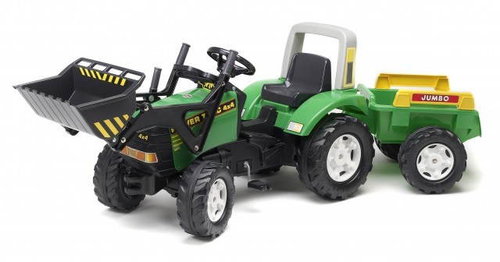  Falk green tractor with a front bucket and Jumbo cart  - Pedal Tractor  - Main image