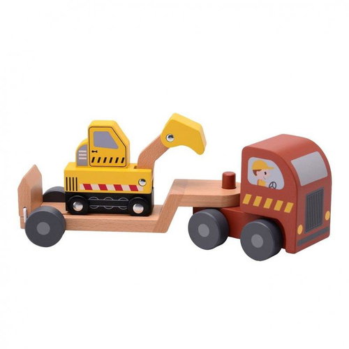 Jouéco Wooden semi-trailer with digger 18 m+ - Toy Car for Toddlers - Main image