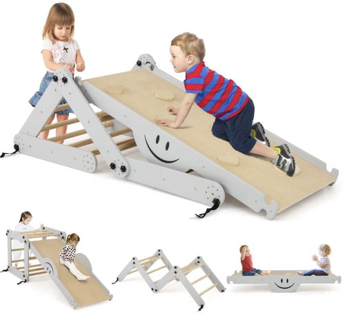 Costway Montessori Positionable Pickle Triangles with Climbing Board and Swing Grey - Montessori Rocking Chair - Main image