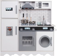 Aga4Kids Dřevěná kuchyňka Hedwig XXL s digestoří pračkou a realistickými efekty, bílo-šedá - Dětská kuchyňka