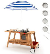 Costway Outdoor wooden children's kitchen with umbrella and wheels - blue - Toy Cart