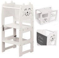 Dětská učící věž 3v1 s kreslící tabulí rozložitelná na stoleček se židličkou - Kočička, Bílá - Learning Tower