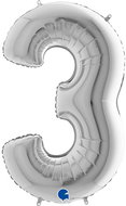 Foil Balloon, 102cm, Number "3", Silver - Balloons