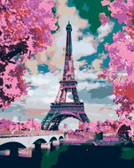 Painting by Numbers - Eiffel Tower and Pink Trees 40x50cm on Canvas Stretched over Frame - Painting by Numbers