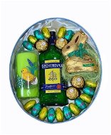 Húsvéti ovális ajándékdoboz Becherovkával, gyertyával és édességekkel 29,5 cm - Ajándék kosár