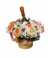 Blumengesteck aus orangefarbenem Ranunkel mit Lindt-Bonbons und Sekt 35 cm - Geschenkbox