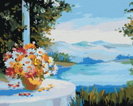 Painting by numbers - House by the sea with flowers on the table, 40x50 cm, stretched canvas on fram - Painting by Numbers