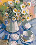 Painting by numbers - Daisies in a vase on a blue tablecloth, 80x100 cm, stretched canvas on frame - Painting by Numbers