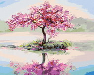 Painting by Numbers - Blooming Sakura by the Lake, 80x100 cm, stretched canvas on frame - Painting by Numbers