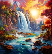 Norimpex Sunset at the waterfall 30 × 40 cm - Diamond Painting