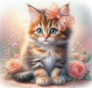 Norimpex Kitten with bow and roses 30 × 40 cm - Diamond Painting