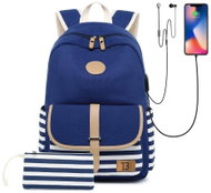 TopBags Women's Set Backpack Canvas Blue Stripes with Pocket - City Backpack