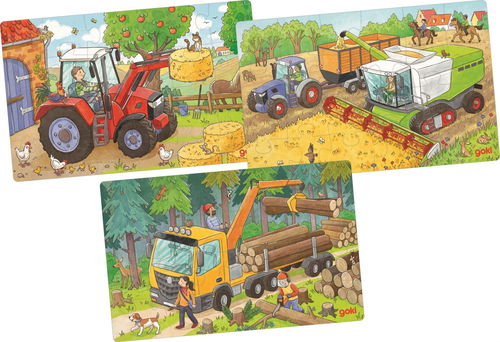 GOKI Dřevěné puzzle Zemědělské stroje 3 × 24 dílků - Dřevěné puzzle - Hlavní obrázek