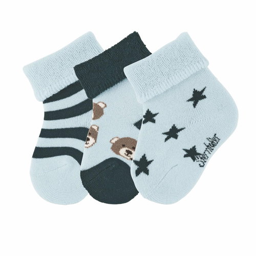 Sterntaler infant, 3 pairs, terry, cuff, light blue, bear, stars, stripes 8401920, 18 - Socks - Main image