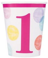 Paper cups 1st birthday pink with polka dots - girl - 270 ml - 8 pcs - happy birthday - Drinking Cup