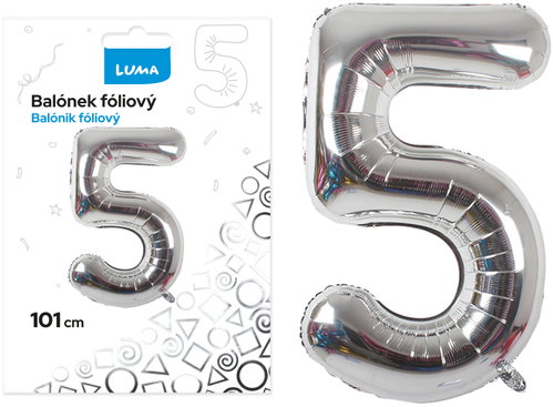 LUMA trading Foil balloon No. 5 silver, 101 cm - Helium Balloons - Main image