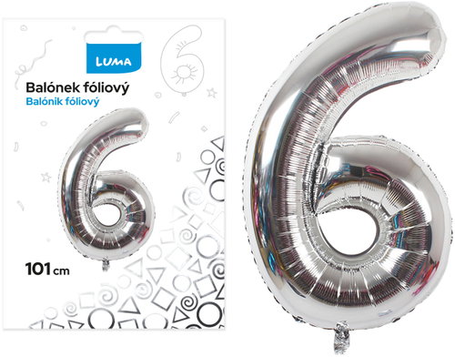 LUMA trading Foil balloon No. 6 silver, 101 cm - Helium Balloons - Main image