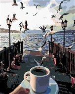 Painting by Numbers - A Cup of Coffee and Seagulls over the Sea - Painting by Numbers