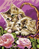 Maľovanie podľa čísel – Mačiatka v košíku a ružové ruže - Maľovanie podľa čísel