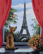 Malen nach Zahlen - Hund im Fenster mit Blick auf den Eiffelturm - Malen nach Zahlen