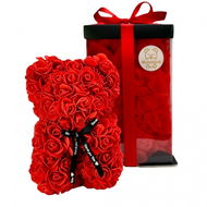 Medvídárek Romantic medvedík z ruží 25 cm svetlo červený s lístkami, darčekové balenie - Medvedík z ruží