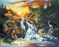 Zuty - Painting by Numbers - Fishing Man, Waterfall And Wolf (D. Rusty Rust), 40X50 Cm, Canvas+Frame - Painting by Numbers