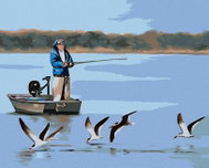 Zuty - Painting By Numbers - Man Fishing On Boat And Gulls (D. Rusty Rust), 80X100 Cm, Canvas - Painting by Numbers