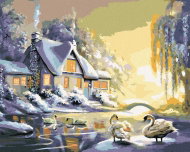 Zuty - Painting by Numbers - Swans And House In Winter (D. Rusty Rust), 80X100 Cm, Canvas - Painting by Numbers