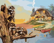 Zuty - Painting by Numbers - Raccoon on a Log, Pier with Boat and Cottage (D. Rusty Rust), 40X50 Cm, - Painting by Numbers