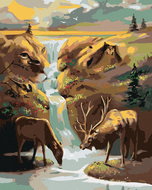 Zuty - Painting by Numbers - Deer, Waterfall and Sunset (D. Rusty Rust), 40X50 Cm, Canvas - Painting by Numbers