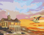 Zuty - Painting by Numbers - Pelican, House by the Sea and Sunset (D. Rusty Rust), 80X100 Cm, Canvas - Painting by Numbers