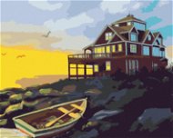 Zuty – Maľovanie podľa čísel – Loďka, dom pri pobreží a západ slnka (D. Rusty Rust), 80 × 100 cm, plátno + rám - Maľovanie podľa čísel
