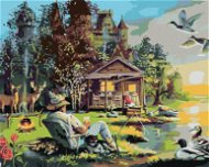 Zuty – Maľovanie podľa čísel – Muž so psami chytajúcimi ryby pri jazere, chata, kačice a jeleň (D. Rusty Rust), 80 × 100 cm, plátno + rám - Maľovanie podľa čísel