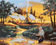 Zuty – Maľovanie podľa čísel – Muž chytajúci ryby v rieke, dom a západ slnka (D. Rusty Rust), 80 × 100 cm, plátno + rám - Maľovanie podľa čísel