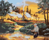 Zuty - Painting by Numbers - Fishing Man In River, House And Sunset (D. Rusty Rust), 40X50 Cm, Canva - Painting by Numbers