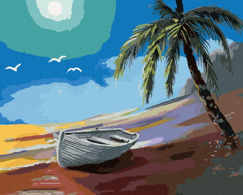 Zuty - Painting By Numbers - Boat At The Coast And Palm Tree (D. Rusty Rust), 80X100 Cm, Canvas - Painting by Numbers - Main image
