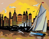 Zuty - Painting by Numbers - Sailing Boats, Skyscrapers and Sunset (D. Rusty Rust), 80X100 Cm, Canva - Painting by Numbers