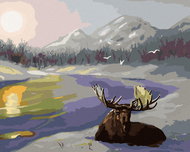 Zuty - Painting by Numbers - Moose Lying in the Snow and River (D. Rusty Rust), 80X100 Cm, Canvas - Painting by Numbers