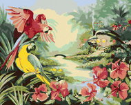 Zuty - Painting by Numbers - Parrot Macaw And Flowers Beside River And Cottage (D. Rusty Rust), 80X1 - Painting by Numbers