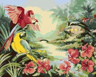 Zuty - Painting by Numbers - Parrot Macaw And Flowers Beside River And Cottage (D. Rusty Rust), 40X5 - Painting by Numbers