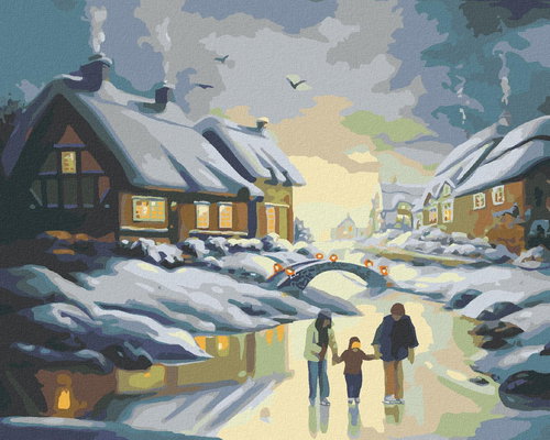 Zuty - Painting by Numbers - Ice Skaters and Houses (D. Rusty Rust), 80X100 Cm, Canvas+Frame - Painting by Numbers - Main image