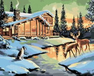 Zuty - Painting by Numbers - Deer, Deer And Dog At The Log Cabin (D. Rusty Rust), 40X50 Cm, Canvas+F - Painting by Numbers
